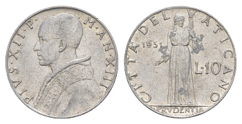 Ватикан 10 лир 1951 KM 52 алюминий aUNC 4633-1214
