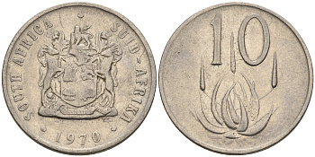 ЮАР 10 центов 1970 цветок алоэ, первый год KM 85 никель    4189-121