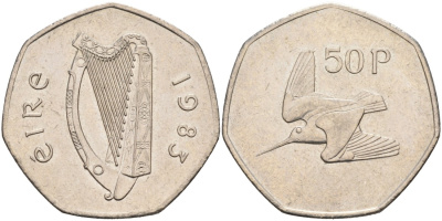 Ирландия 50 пенсов 1983 вальдшнеп KM 24 медно-никель 88-644