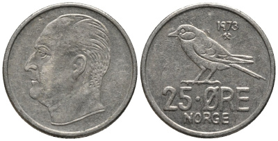 Норвегия 25 эре 1973 Улаф V (1958-1991), синица KM 407 медно-никель 3309-654