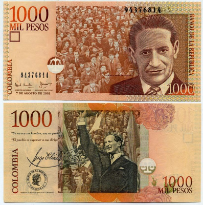 Колумбия 1000 песо 2001 7 августа 2001, Хорхе Эльесер Гайтан Pick 450a бумага UNC (пресс) 6293-2-1-1