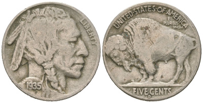 США 5 центов 1935 D, индеец, бизон KM 134 медно-никель 4614-1219