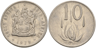 ЮАР 10 центов 1970 цветок алоэ, первый год KM 85 никель    4189-121