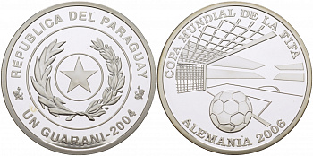 Парагвай 1 гуарани 2004 чемпионат мира по футболу в Германии 2006 FIFA KM 202 серебро PROOF 1077-6-43