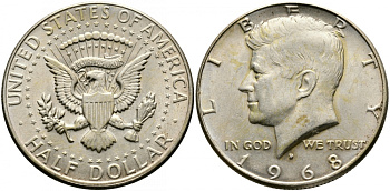 США 1/2 доллара (50 центов) 1968 D, Джон Кеннеди KM 202a серебро UNC 413-2645