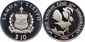 Самоа 10 тала 1986 25 лет WWF, самоанский куриный голубь KM 72 серебро PROOF 01-146-23