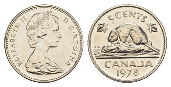 Канада 5 центов 1978 Елизавета II (1952-2022), бобр KM 60.1 никель PROOF-LIKE (BU) 4630-952