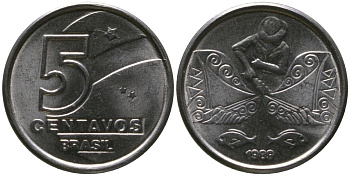 Бразилия 5 сентаво 1989 KM 612, Schon 121 нержавеющая сталь 4576-142