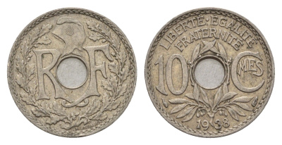 Франция 10 сантимов 1938 KM 866a, Le Franc 138.3 медно-никель 4651-937