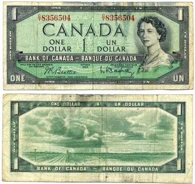 Канада 1 доллар 1954 подписи Beattie & Rasminsky, CBNC Pick 74b бумага 445-42-1-1