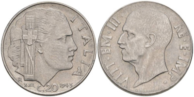 Италия 20 чентезимо 1943 R, Виктор Эммануил III (1900-1946), XXI год KM 75b, VEM3. 1031 нержавеющая сталь 3853-422