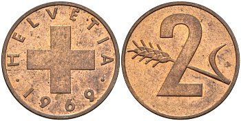 Швейцария 2 раппена 1969 KM 47 бронза 4543-1125