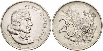 ЮАР 20 ЦЕНТОВ 1966 SOUTH, ЯН ВАН РИБЕК (1619-1677), ГОЛАНДСКИЙ ИССЛЕДОВАТЕЛЬ , МОРЕПЛАВАТЕЛЬ, ОСНОВАТЕЛЬ Г. КЕЙПТАУНА, ЦВЕТОК ПРОТЕЯ, АНГЛИЙСКАЯ ЛЕГЕНДА KM 69.1 никель 510-1053