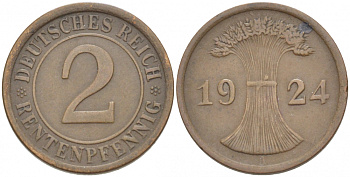ГЕРМАНИЯ 2 РЕНТЕНПФЕННИГА 1924 A KM 31, J.307 бронза 4532-539