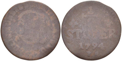 Юлих-Берг 1/2 штюбера 1794 PR, Карл Теодор (1742-1799) KM 206 медь 210-1145