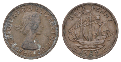 Великобритания 1/2 пенни 1957 Елизавета II (1952-2022) KM 896, Spink 4158 бронза    4660-636