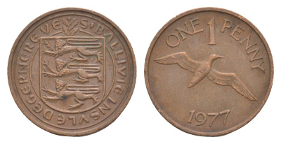 Гернси 1 пенни 1977 Елизавета II (1952-2022), северная олуша в полете KM 27 бронза 4655-939
