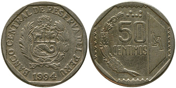 Перу 50 сентимо 1994 LIMA KM 307.1, Schon 106 медь цинк никель 4543-432
