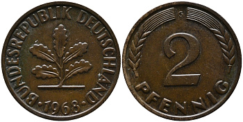 ФРГ 2 пфеннига 1968 G KM 106a, J.381a сталь плакированная медью 99-156