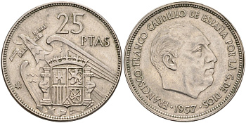 Испания 25 песет 1957 (67) Франциско Франко (1939-1975) KM 787 медно-никель 4583-1032