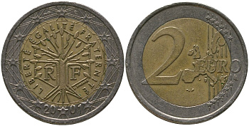 Франция 2 евро 2001 Дерево, символизирующее жизнь, непрерывность и рост KM 1289 биметалл 4573-1244