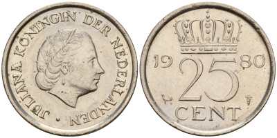 Нидерланды 25 центов 1980 Юлиана (1949-1980) KM 183 никель    4598-535