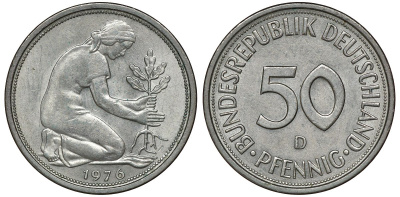 ФРГ 50 пфеннигов 1976 D KM 109.2, J 384a медно-никель aUNC 72-1061