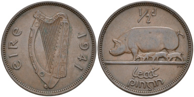 Ирландия 1/2 пенни 1941 свинья с поросятами KM 10 бронза 4561-1132