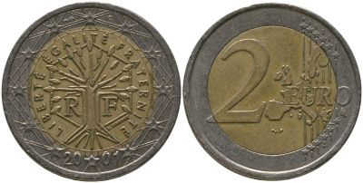 Франция 2 евро 2001 Дерево, символизирующее жизнь, непрерывность и рост KM 1289 биметалл 4573-1244