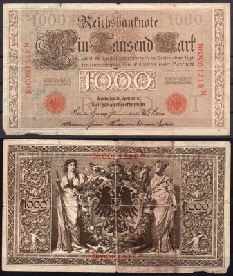 Германия 1000 марок 1910 Берлин,N; аллегорические фигуры («Мореплавание» и «Земледелие»), герб Pick 44 b бумага 7547-85-2-2