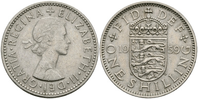 Великобритания 1 шиллинг 1959 Елизавета II (1952-2022), Английский герб KM 904, Spink 4147 медно-никель 94-534
