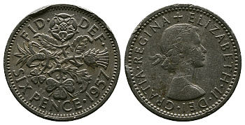 Великобритания 6 пенсов 1957 Елизавета II (1952-2022) KM 903, Spink 4149 медно-никель 4381-663