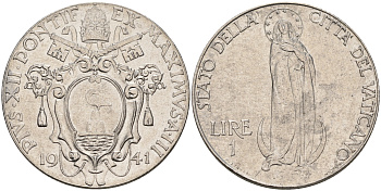 Ватикан 1 лира 1941 Пий XII, Дева Мария KM 26 a сталь UNC 63-715