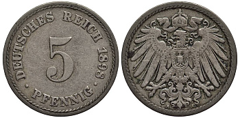 ГЕРМАНИЯ 5 ПФЕННИГОВ 1898 A KM 11, Jager 12, Weege 6 медно-никель 4547-356