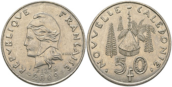 Французская Новая Каледония 50 франков 2009 хижина среди сосен и пальм, (IEOM) KM 13a, Schoen 15a, Lec 128i медно-никель 114-1021