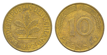 Германия 10 пфеннигов 1992 D KM 108, J. 383 сталь плакированная латунью aUNC 4627-129