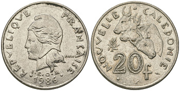 Французская Новая Каледония 20 франков 1986 три быка, (IEOM) KM 12, Schoen 14, Lec 112 никель 71-1435