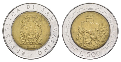 Сан-Марино 500 лир 1988 Укрепления Сан-Марино KM 226 биметалл UNC 4648-341