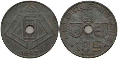 Бельгия 10 сантимов 1943 Belgique - Belgie, Леопольд III (1934-1947), германская оккупация, Вторая мировая война KM 125 цинк 4161-324