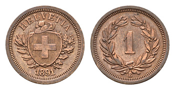 Швейцария 1 раппен 1891 B KM 3.1 бронза 1529-111