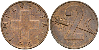 Швейцария 2 раппена 1957 B KM 47 бронза 4189-546