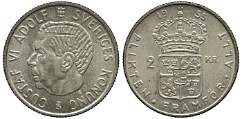 Швеция 2 кроны 1955 TS, Густав VI Адольф (1950-1973) KM 827 серебро 221-544