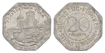 Нюрнберг трамвайный (транспортный) жетон в 20 пфеннигов ND (1920-1921) пятиугольная башня Men05 19256.12, Men18 24102.12 алюминий aUNC 4586-255
