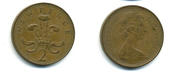 Великобритания 2 пенса 1971 Елизавета II (1952-2022) KM 916, Spink 4235 (C1) бронза 37-1246