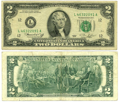 США 2 доллар 1976 Буква L, 200 лет независимости Pick 461 бумага 7486-53-1-2