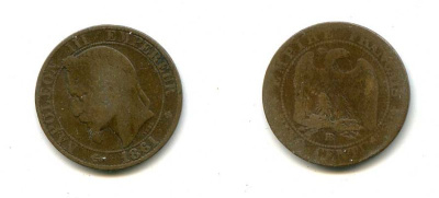ФРАНЦИЯ 5 САНТИМОВ 1861 ВВ, НАПОЛЕОН III (1852-1870) KM 797.2, LE FRANC 117.3 бронза 56-643
