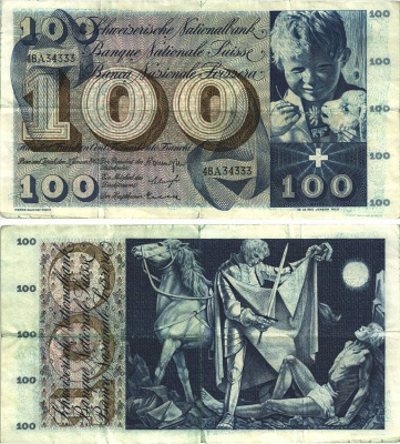 Швейцария 100 франков 1965 23 декабря 1965, серия 48 A, подпись 39 Pick 49 h бумага 8606-21-1-2