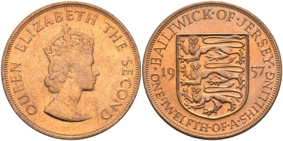 Джерси 1/12 шиллинга 1957 Елизавета II (1952-2022) KM 21 бронза aUNC 4367-324