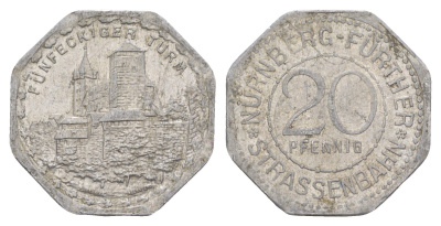 Нюрнберг трамвайный (транспортный) жетон в 20 пфеннигов ND (1920-1921) пятиугольная башня Men05 19256.12, Men18 24102.12 алюминий aUNC 4586-255