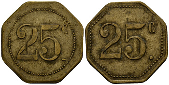 Франция 25 сантимов XIX-XX век ресторанный жетон латунь 4166-516